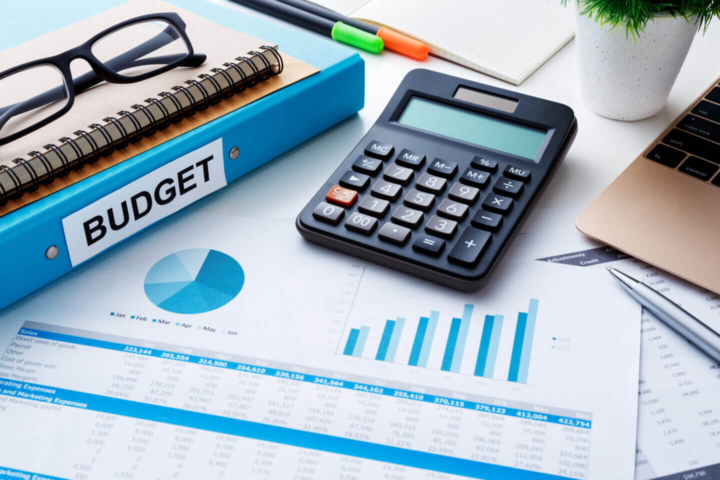 Financial and budget planning concept with calculator notebook and financial chart report on work desk