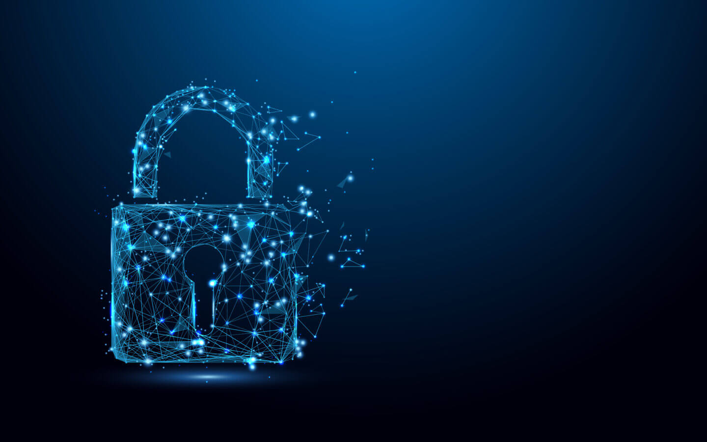 Cyber security concept. Lock symbol from lines and triangles, point connecting network on blue background. Illustration vector