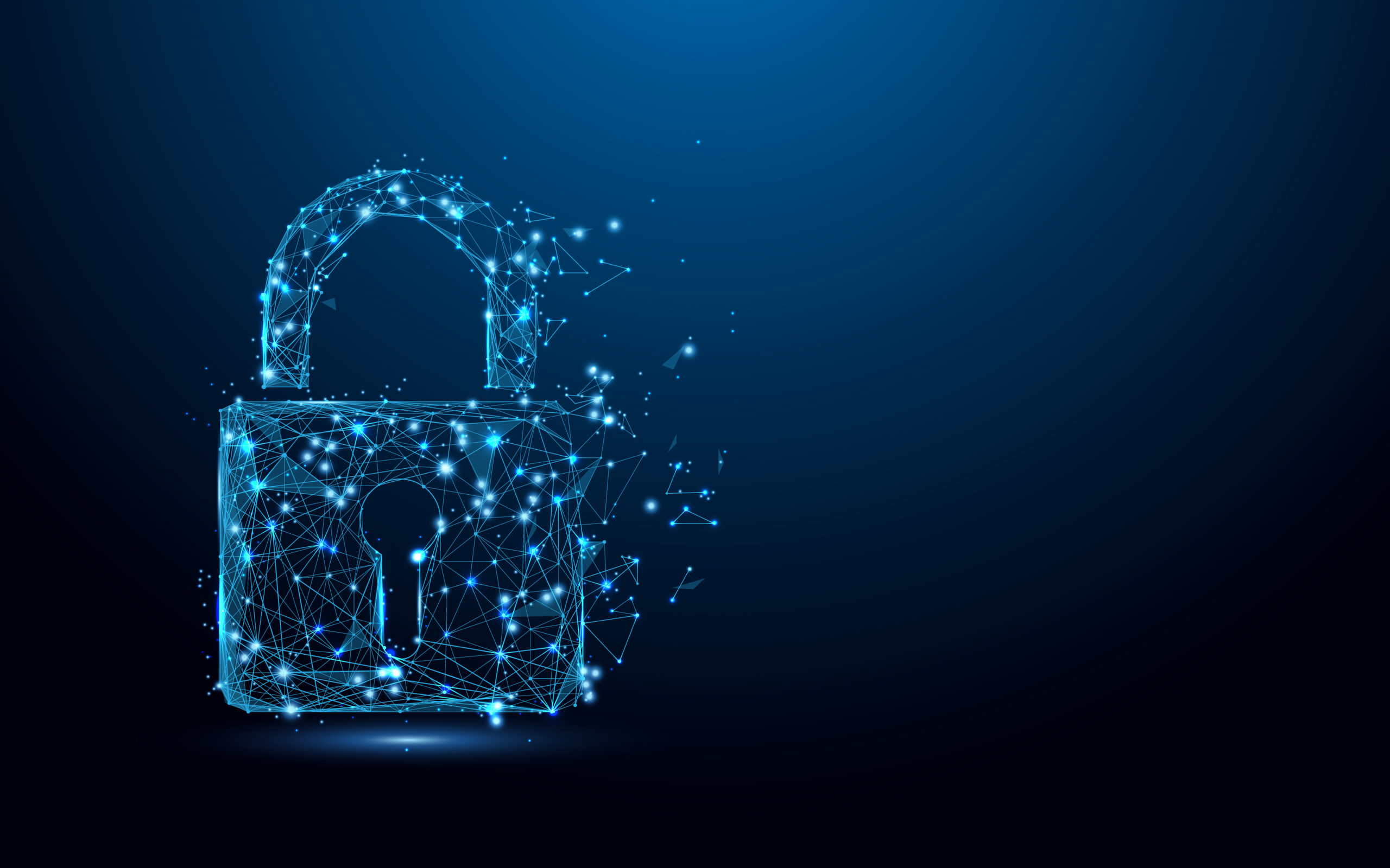 Cyber security concept. Lock symbol from lines and triangles, point connecting network on blue background. Illustration vector