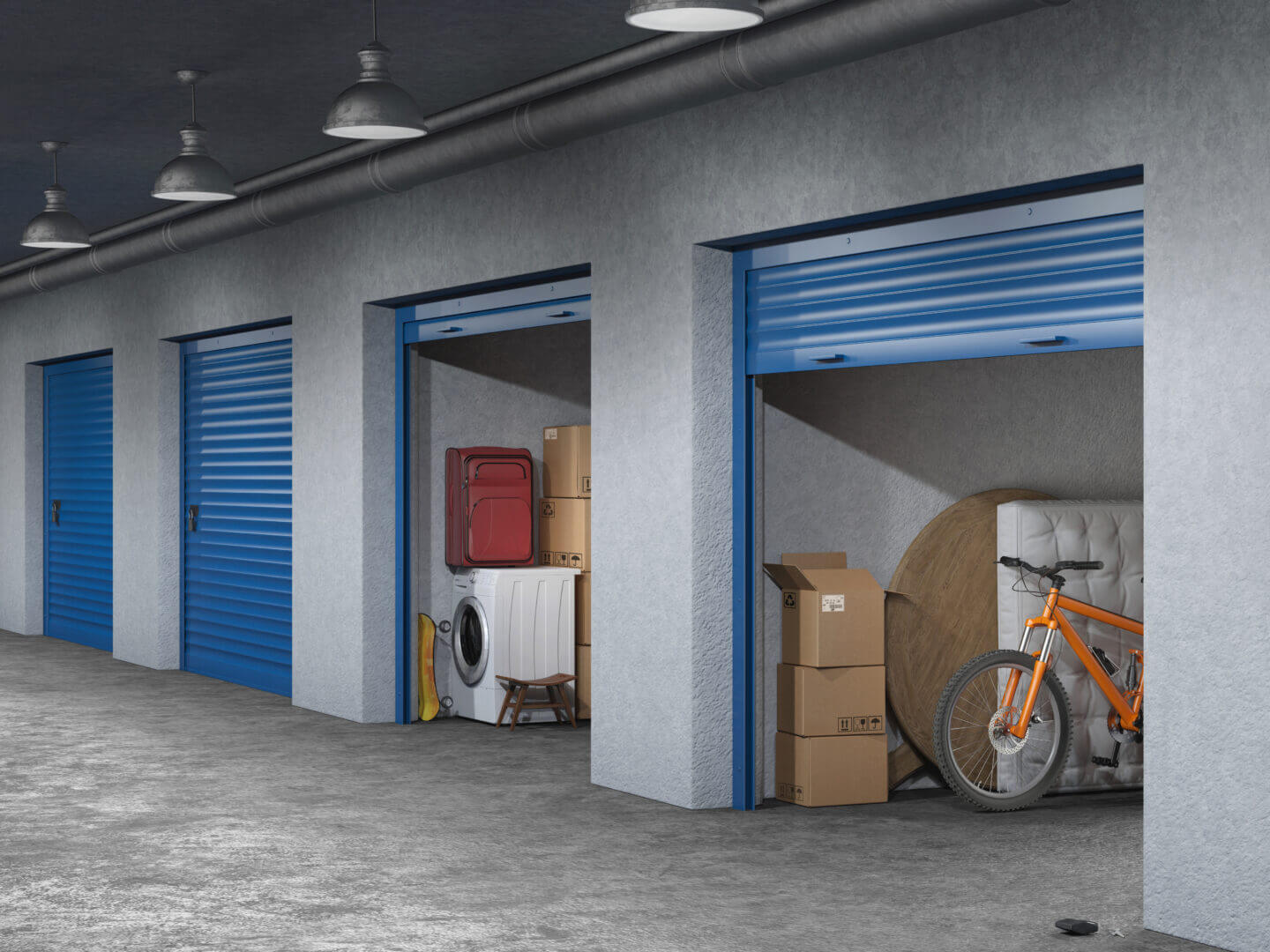 Open storage unit with packaged items inside