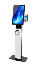3D rendering of Apex Kiosk. Tall thin kiosk, with large touchscreen and ability to take money payments
