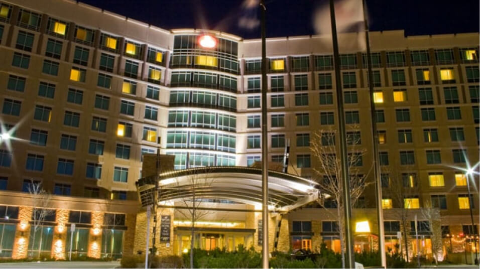 exterior of hotel building at night