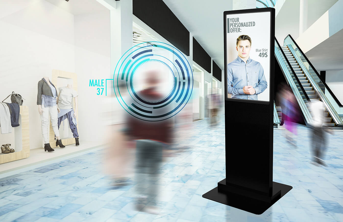 kiosk in mall with blurred people walking