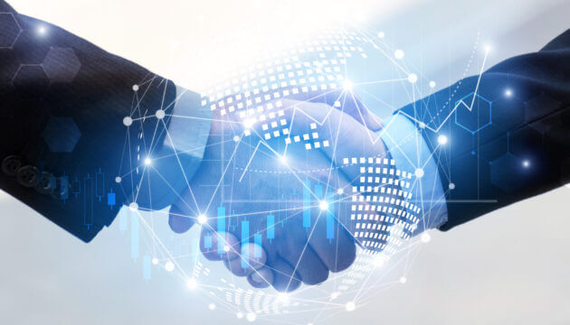 close up of business man handshake with digital overlay effect highlighting nodes of connectivity