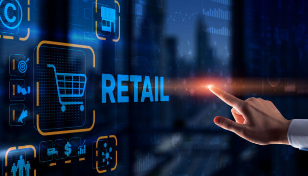 Digitized retail concept; hand interaction with E-commerce Shopping automation on virtual screen.