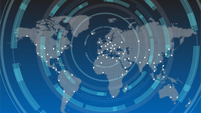 digitized world map, with dots representing major cities