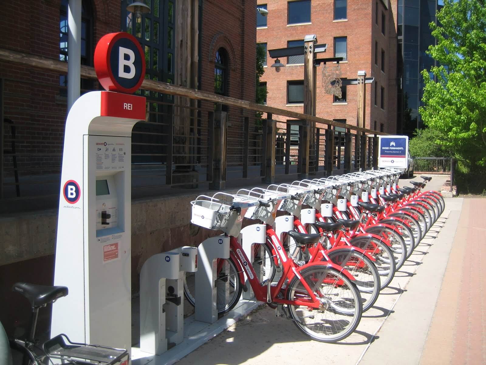 A row of bikes at bike rental station