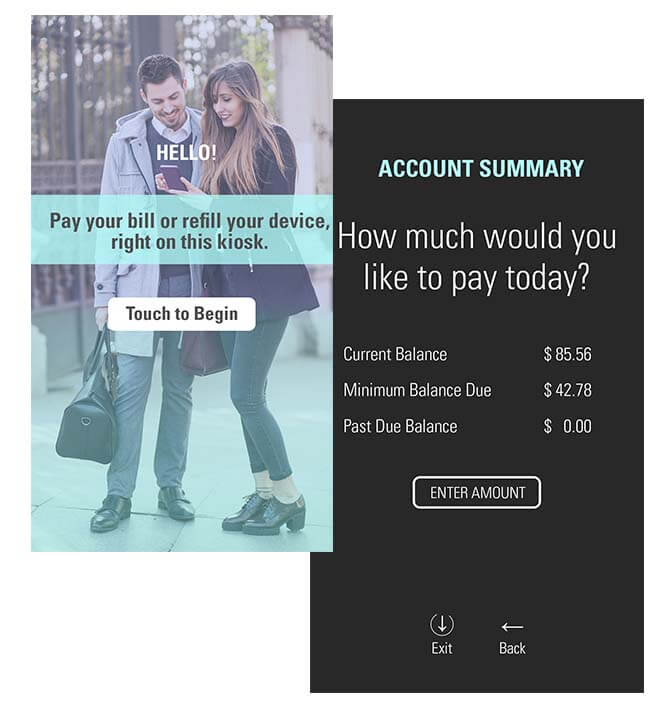 Screenshot of Kiosk screen, showcasing users how to pay their bill or refill their device. Gives accoutn summary with current, minimum and past due balances with ability to enter amount.