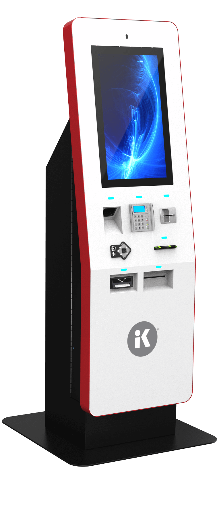 3D rendering of Windfall tall model kiosk; it shows large touchscreen with payment functionality