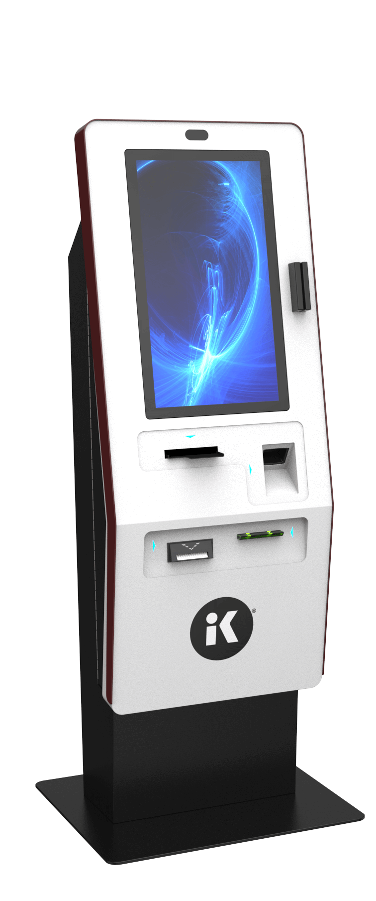 3D rendering of Windfall short model kiosk; it shows large touchscreen with payment functionality