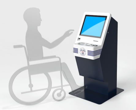 A silhouette of a wheelchair user using an ADA compliant kiosk.