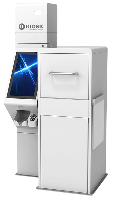 A white retail returns kiosk on a white background. It has a KIOSK Information Systems logo on the left side, and the screen shows a blue starburst graphic.