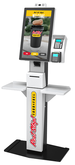 A self checkout kiosk with credit card reader.