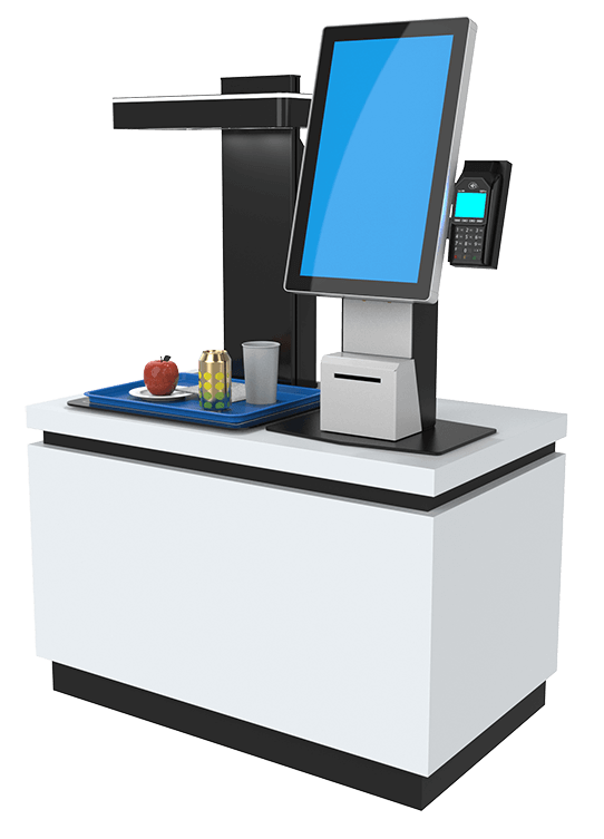 A computer vision self checkout terminal sits on a countertop next to a kiosk. A tray under the terminal contains an apple, a can of soda, and a paper cup.