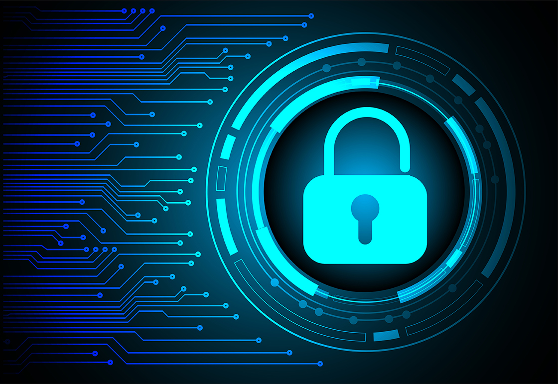 Digital illustration of a glowing blue padlock symbol at the center of a futuristic circular interface, representing cybersecurity or data protection, with circuit-like lines extending outward on a dark background.