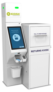 This image shows a self-service retail returns kiosk developed by KIOSK Information Systems. The unit includes a touchscreen display with on-screen instructions for returning items, a barcode scanner below the screen for scanning return labels, a small printer for receipts, and a secure compartment labeled 'Returns Kiosk' where customers can drop off their packages. A small waste bin is attached near the bottom for disposing of labels or packaging materials.