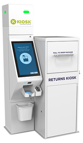 This image shows a self-service retail returns kiosk developed by KIOSK Information Systems. The unit includes a touchscreen display with on-screen instructions for returning items, a barcode scanner below the screen for scanning return labels, a small printer for receipts, and a secure compartment labeled 'Returns Kiosk' where customers can drop off their packages. A small waste bin is attached near the bottom for disposing of labels or packaging materials.