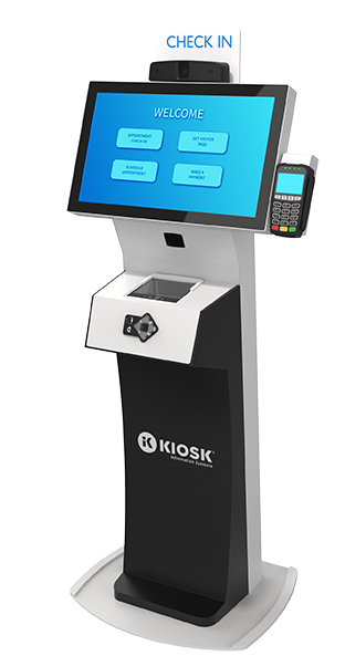Modern patient check-in kiosk with touchscreen interface, card reader, ID scanner, and KIOSK Information Systems branding, designed for healthcare facility self-service check-ins