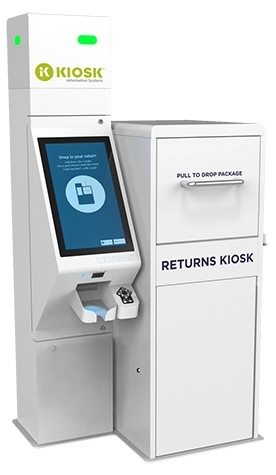 This image shows a self-service retail returns kiosk developed by KIOSK Information Systems. The unit includes a touchscreen display with on-screen instructions for returning items, a barcode scanner below the screen for scanning return labels, a small printer for receipts, and a secure compartment labeled 'Returns Kiosk' where customers can drop off their packages.