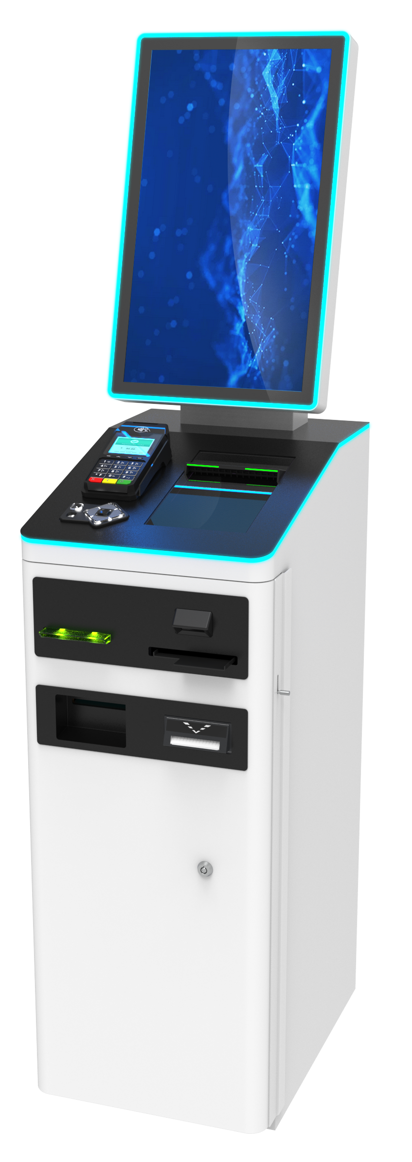 Arrow Standard self-service payment kiosk featuring a large portrait touchscreen display, integrated payment terminal, barcode scanner, receipt printer, and illuminated blue LED accents designed for secure customer transactions and self-service applications.