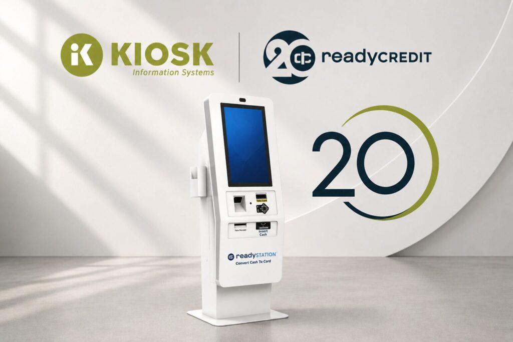 Self-service cash payment kiosk graphic highlighting the KIOSK and Ready Credit partnership for cash payment modernization solutions