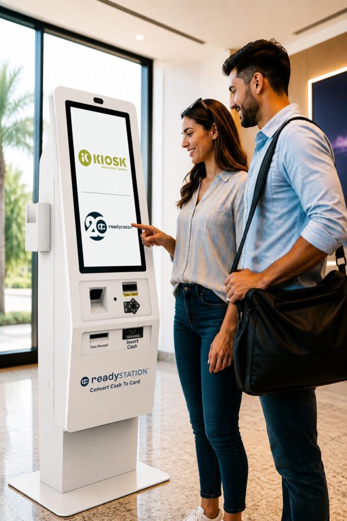 Customers interacting with a self-service cash payment kiosk from KIOSK Information Systems and Ready Credit in a modern hospitality-style environment.