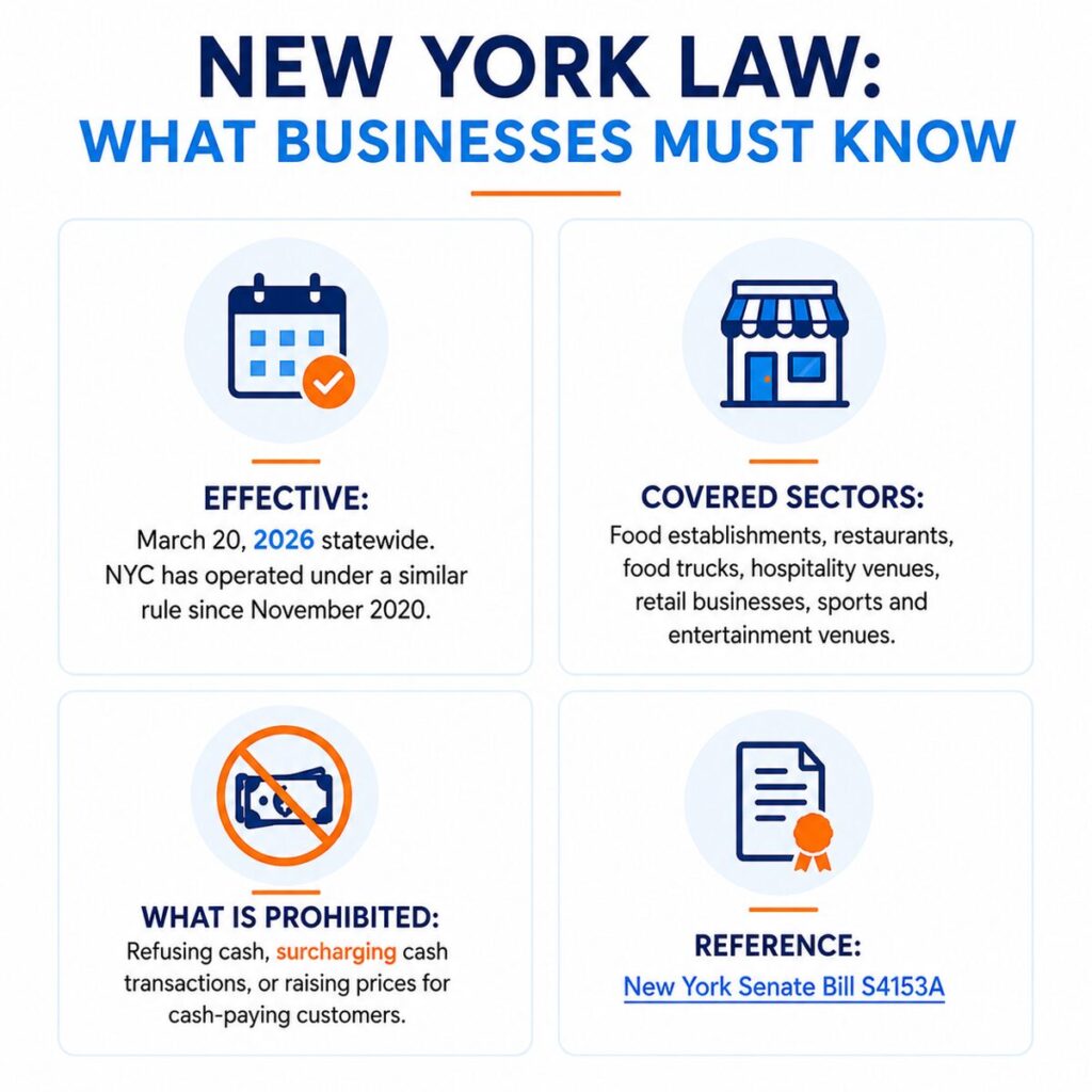 New York cash payment compliance infographic highlighting cash acceptance laws and self-service payment kiosk requirements for businesses.