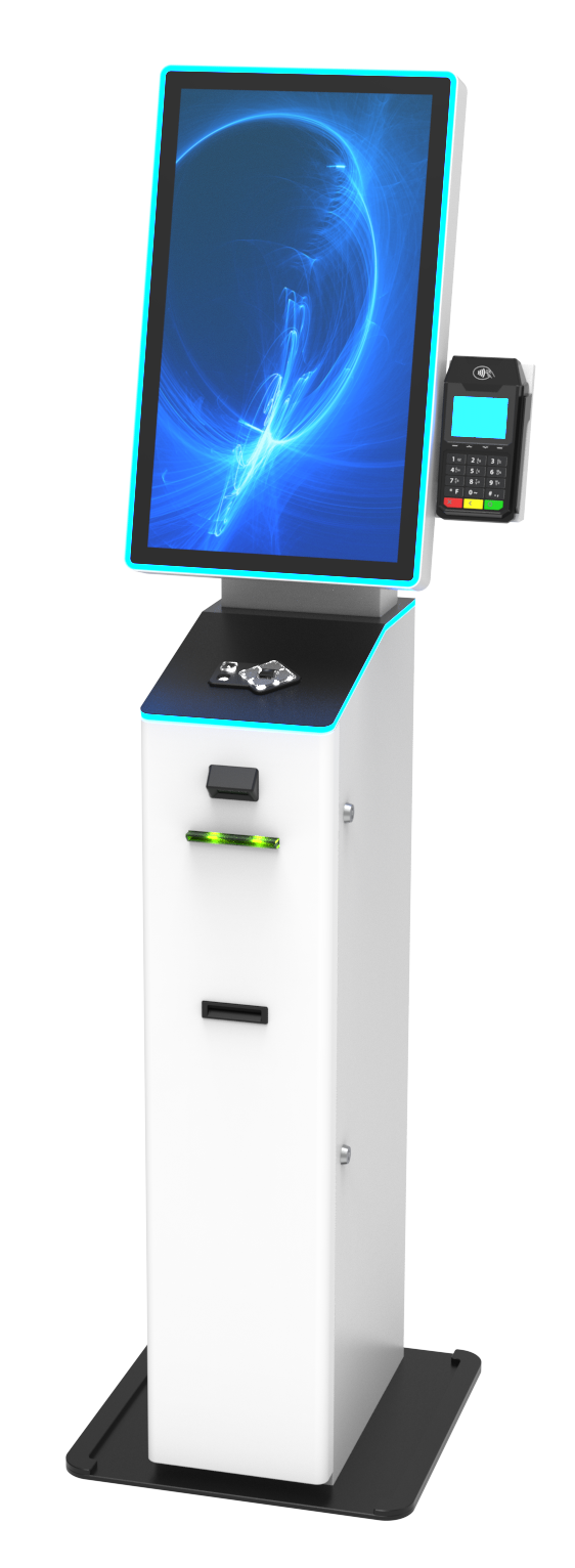 Compact Arrow Nano pedestal kiosk with portrait touchscreen display, contactless payment terminal, barcode scanner, card reader, and blue LED edge lighting. Designed for space-constrained self-service environments including retail, healthcare, hospitality, and transportation.